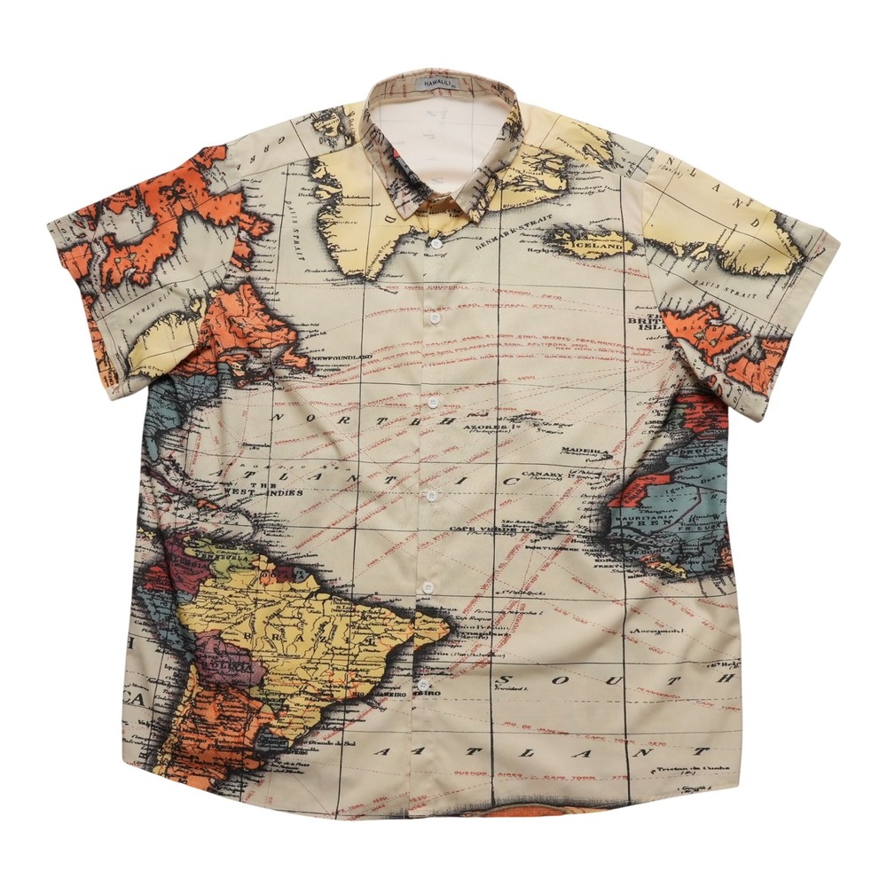Hawalili Button Up Shirt‎ Mens 3XL Beige World Map Print Short Sleeve Casual
